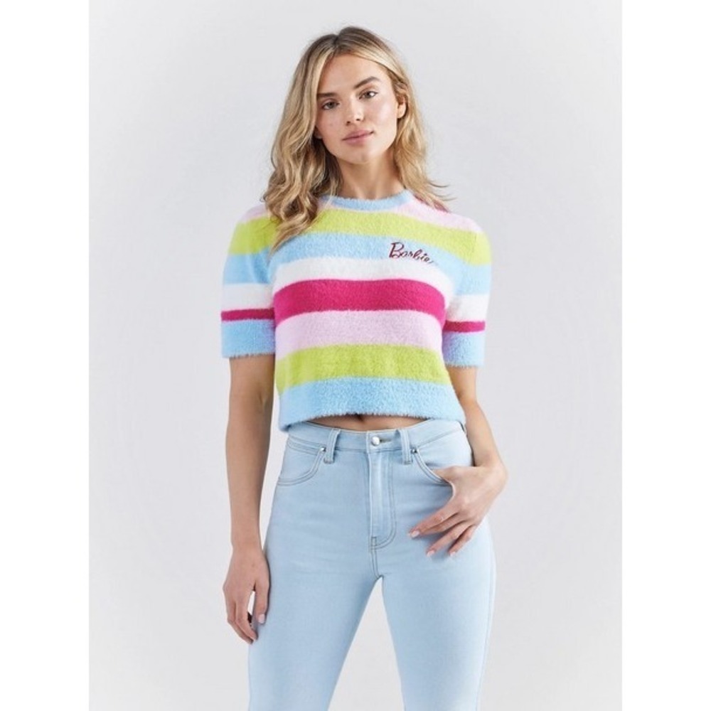 Wrangler × Barbie Striped Colorful Rainbow Fuzzy‎ Cropped Sweater Size Large